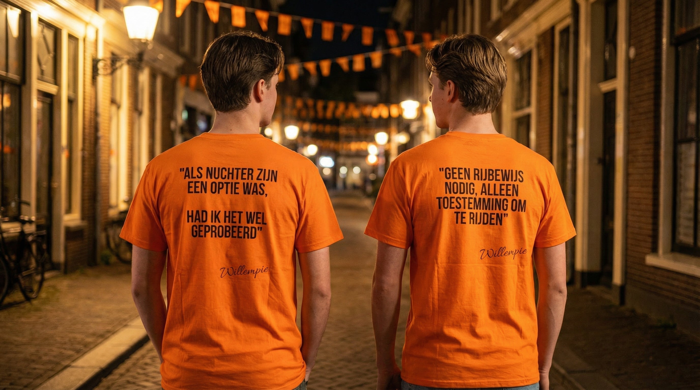 Twee personen dragen Koningsdag shirts met quote op de achterkant tijdens Koningsdag 2026 in de avond