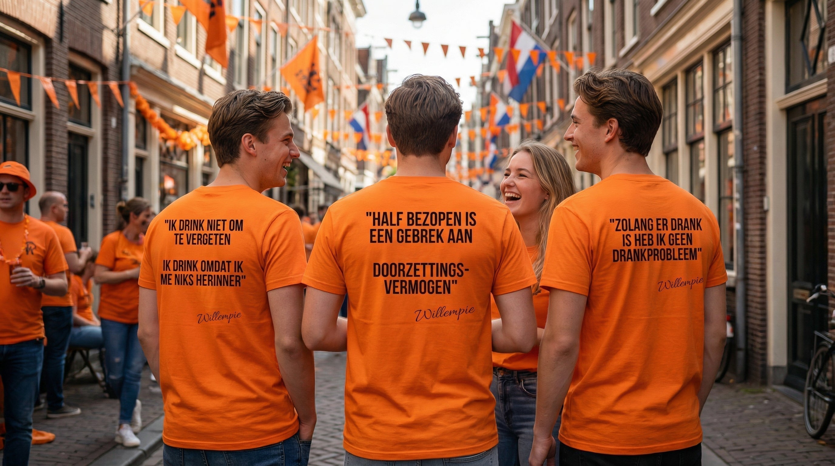 Koningsdag shirts met quotes en Willempie op de achterkant tijdens Koningsdag 2026